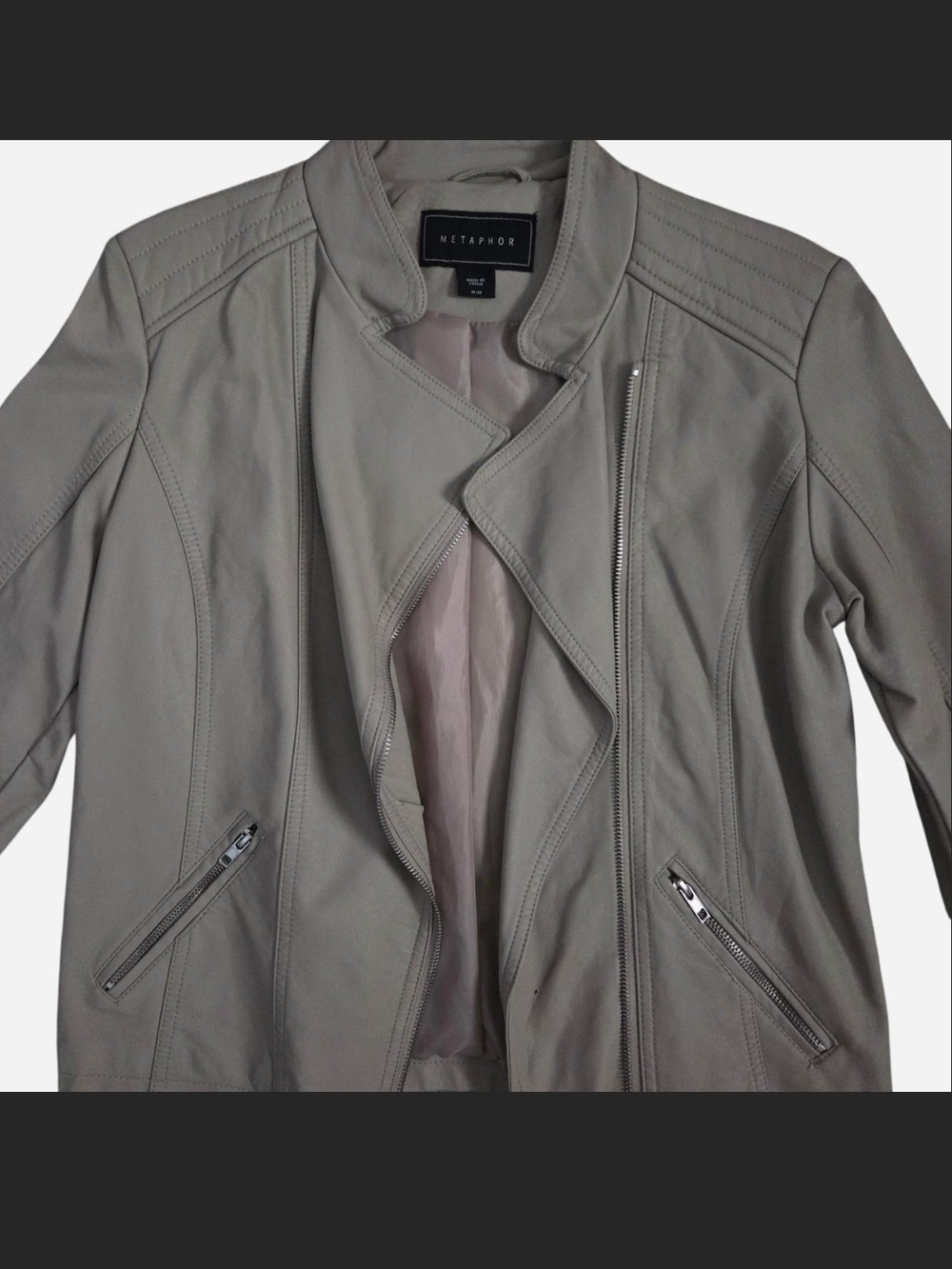 Metaphor Women's Light Gray/Cream Asymmetrical Zip Faux Leather Jacket